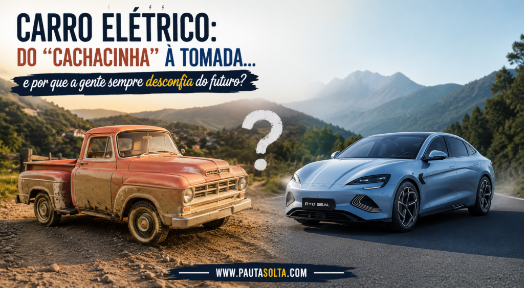 Montagem comparando uma antiga picape coberta de lama, em uma estrada rural típica das Montanhas Capixabas, e um moderno carro elétrico BYD estacionado em uma rodovia asfaltada. Os dois veículos estão voltados um para o outro, separados por um grande ponto de interrogação, simbolizando o contraste entre tradição e inovação. No canto superior esquerdo, o título: "Carro elétrico: do 'cachacinha' à tomada... e por que a gente sempre desconfia do futuro?". Na parte inferior, a marca www.pautasolta.com.