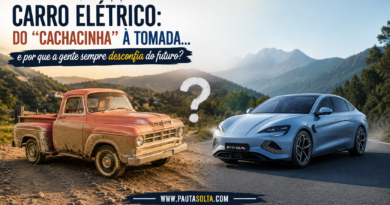Montagem comparando uma antiga picape coberta de lama, em uma estrada rural típica das Montanhas Capixabas, e um moderno carro elétrico BYD estacionado em uma rodovia asfaltada. Os dois veículos estão voltados um para o outro, separados por um grande ponto de interrogação, simbolizando o contraste entre tradição e inovação. No canto superior esquerdo, o título: "Carro elétrico: do 'cachacinha' à tomada... e por que a gente sempre desconfia do futuro?". Na parte inferior, a marca www.pautasolta.com.