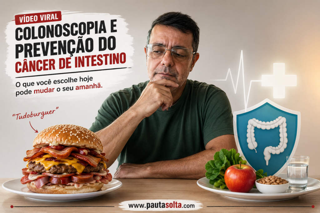 Ilustração horizontal mostra o jornalista Adelar Dias Junior pensativo diante de um grande hambúrguer recheado, representando o dilema entre o prazer da alimentação e a prevenção do câncer de intestino. Ao lado, um prato com alimentos saudáveis, um escudo com a ilustração do intestino e símbolos de saúde reforçam a importância da colonoscopia e dos hábitos preventivos. O título da reportagem aparece no canto superior esquerdo e o endereço www.pautasolta.com está centralizado na parte inferior.