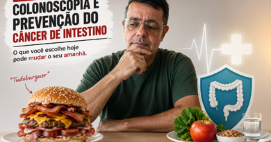 Ilustração horizontal mostra o jornalista Adelar Dias Junior pensativo diante de um grande hambúrguer recheado, representando o dilema entre o prazer da alimentação e a prevenção do câncer de intestino. Ao lado, um prato com alimentos saudáveis, um escudo com a ilustração do intestino e símbolos de saúde reforçam a importância da colonoscopia e dos hábitos preventivos. O título da reportagem aparece no canto superior esquerdo e o endereço www.pautasolta.com está centralizado na parte inferior.