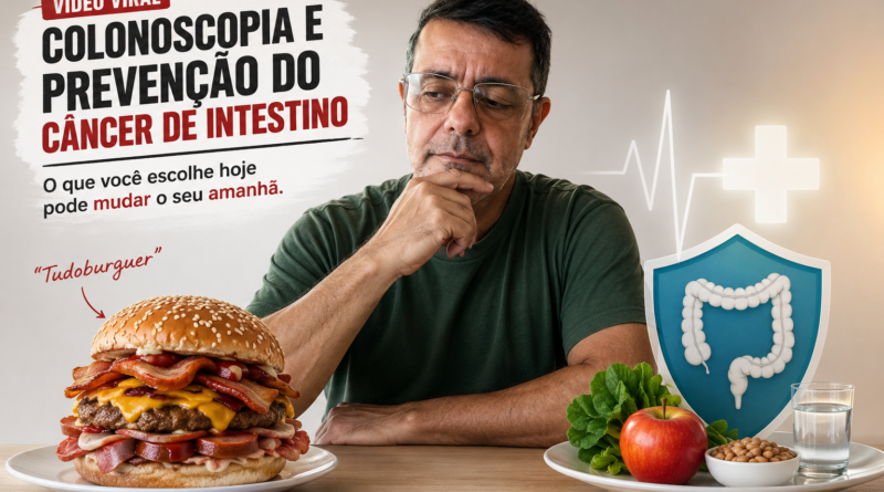 Ilustração horizontal mostra o jornalista Adelar Dias Junior pensativo diante de um grande hambúrguer recheado, representando o dilema entre o prazer da alimentação e a prevenção do câncer de intestino. Ao lado, um prato com alimentos saudáveis, um escudo com a ilustração do intestino e símbolos de saúde reforçam a importância da colonoscopia e dos hábitos preventivos. O título da reportagem aparece no canto superior esquerdo e o endereço www.pautasolta.com está centralizado na parte inferior.
