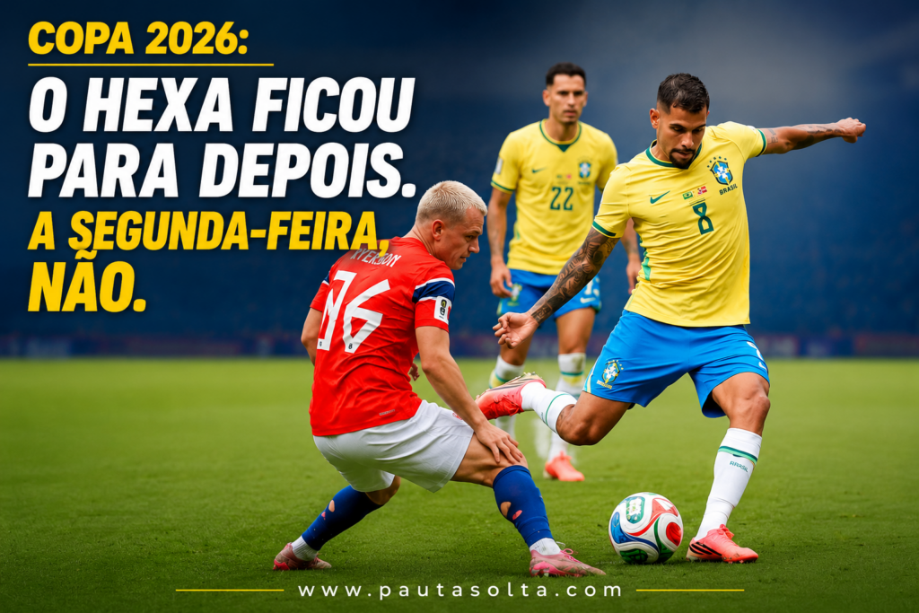 Brasil enfrenta a Noruega em lance da Copa do Mundo de 2026. A capa do artigo traz jogadores das duas seleções em ação e destaca a eliminação brasileira com o título "O hexa ficou para depois. A segunda-feira, não."