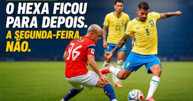 Brasil enfrenta a Noruega em lance da Copa do Mundo de 2026. A capa do artigo traz jogadores das duas seleções em ação e destaca a eliminação brasileira com o título "O hexa ficou para depois. A segunda-feira, não."