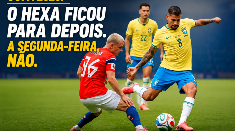 Brasil enfrenta a Noruega em lance da Copa do Mundo de 2026. A capa do artigo traz jogadores das duas seleções em ação e destaca a eliminação brasileira com o título "O hexa ficou para depois. A segunda-feira, não."