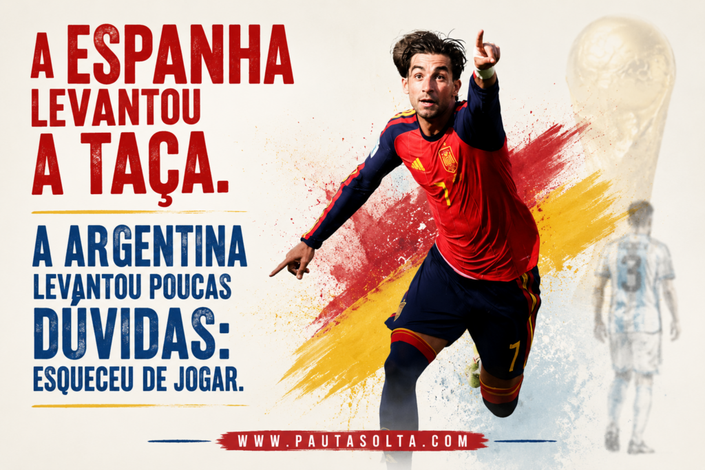 Ferran Torres comemora o gol do título da Espanha na final da Copa do Mundo 2026, enquanto jogadores da Argentina aparecem abatidos ao fundo. A imagem traz o título do artigo em destaque e a identidade visual da Revista Pauta Solta.