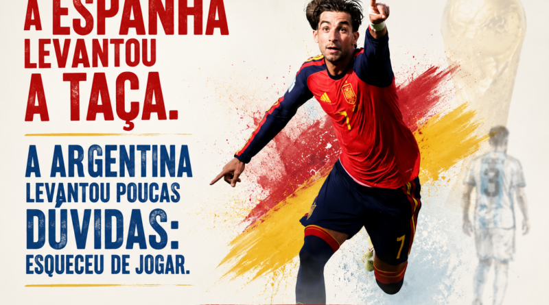 Ferran Torres comemora o gol do título da Espanha na final da Copa do Mundo 2026, enquanto jogadores da Argentina aparecem abatidos ao fundo. A imagem traz o título do artigo em destaque e a identidade visual da Revista Pauta Solta.