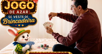 Montagem ilustrativa mostra um homem sentado sobre uma cama jogando cartas com um coelho em estilo de desenho animado, inspirado na estética de propagandas de apostas online. A cena tem composição limpa e clara, com identidade visual remetendo a cassinos. No canto superior esquerdo está o título "Quando o jogo de azar se veste de brincadeira" e, na parte inferior, o endereço www.pautasolta.com. A imagem simboliza como as apostas passaram a ser apresentadas de forma lúdica e aparentemente inofensiva.