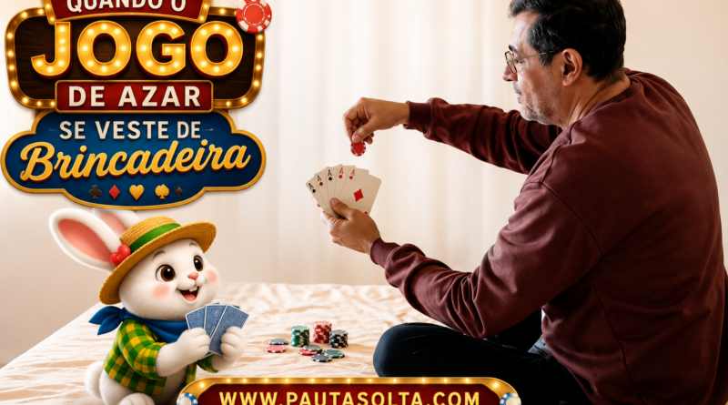 Montagem ilustrativa mostra um homem sentado sobre uma cama jogando cartas com um coelho em estilo de desenho animado, inspirado na estética de propagandas de apostas online. A cena tem composição limpa e clara, com identidade visual remetendo a cassinos. No canto superior esquerdo está o título "Quando o jogo de azar se veste de brincadeira" e, na parte inferior, o endereço www.pautasolta.com. A imagem simboliza como as apostas passaram a ser apresentadas de forma lúdica e aparentemente inofensiva.