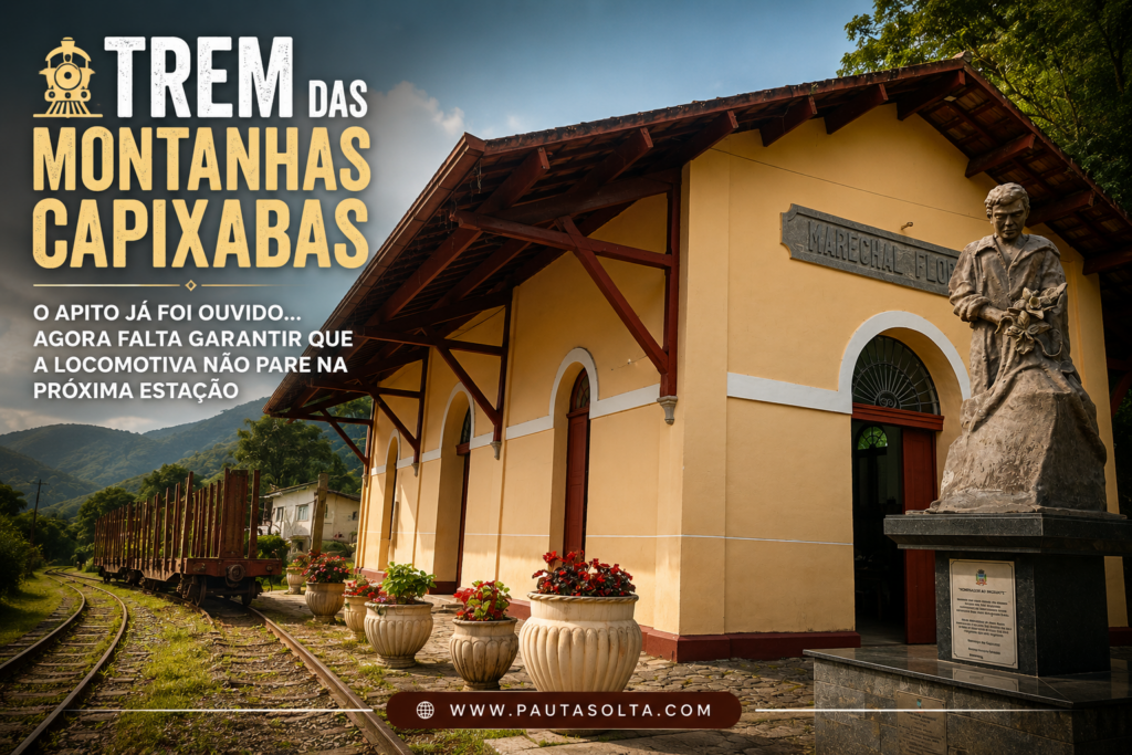 Estação ferroviária histórica de Marechal Floriano, nas Montanhas Capixabas, ao lado dos antigos trilhos e vagões da Ferrovia Leopoldina, ilustrando o debate sobre o futuro do Trem das Montanhas Capixabas.
