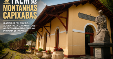 Estação ferroviária histórica de Marechal Floriano, nas Montanhas Capixabas, ao lado dos antigos trilhos e vagões da Ferrovia Leopoldina, ilustrando o debate sobre o futuro do Trem das Montanhas Capixabas.