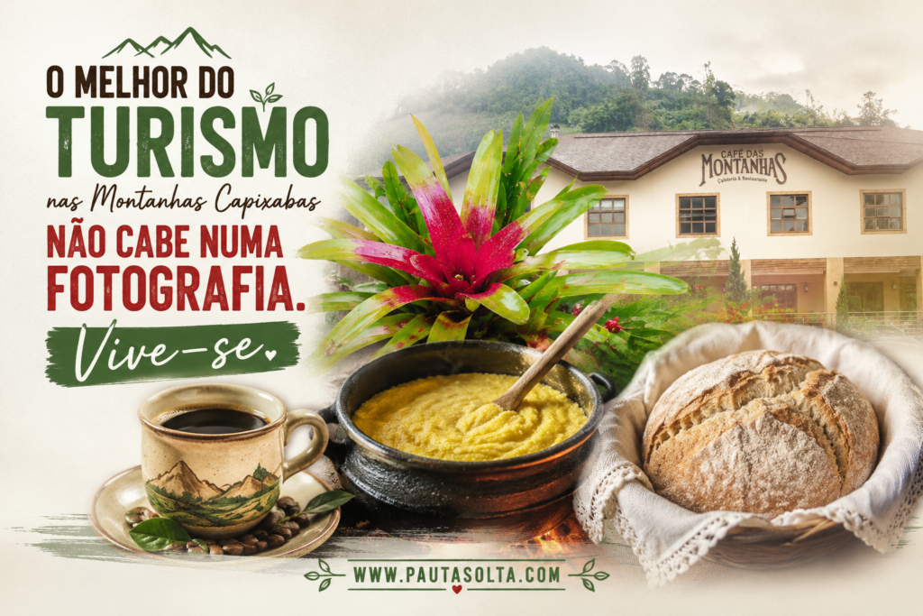 Montagem ilustrativa sobre o turismo nas Montanhas Capixabas, reunindo fotos autorais de bromélias, gastronomia rural e do Café das Montanhas. Em destaque, o título "O melhor do turismo nas Montanhas Capixabas não cabe numa fotografia. Vive-se.", reforçando que o maior atrativo da região está na experiência vivida.