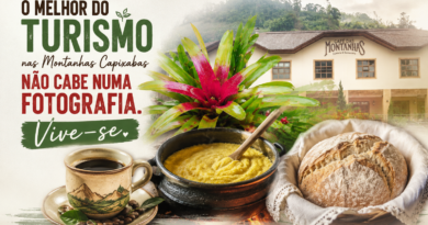 Montagem ilustrativa sobre o turismo nas Montanhas Capixabas, reunindo fotos autorais de bromélias, gastronomia rural e do Café das Montanhas. Em destaque, o título "O melhor do turismo nas Montanhas Capixabas não cabe numa fotografia. Vive-se.", reforçando que o maior atrativo da região está na experiência vivida.