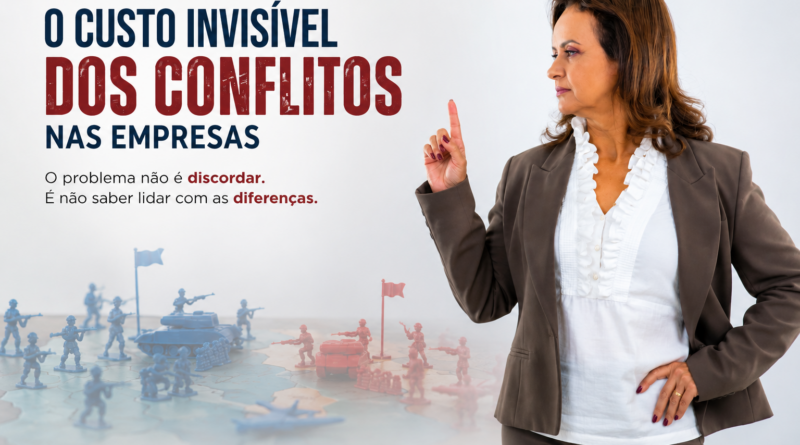Psicóloga organizacional Jovaneide Polon observa um tabuleiro de estratégia semelhante ao jogo War, simbolizando os conflitos nas empresas e a importância da liderança na gestão das diferenças. Ao lado, o título do artigo em destaque sobre fundo claro e clean.