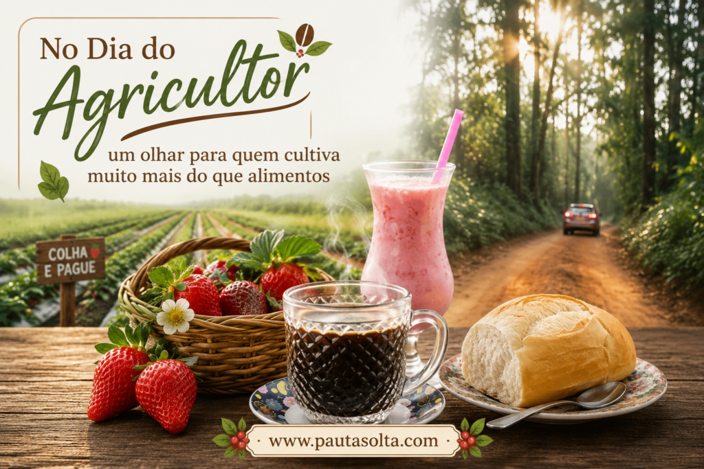 Ilustração da Revista Pauta Solta sobre o Dia do Agricultor. Em primeiro plano, uma mesa rústica com uma xícara de café, pão francês, morangos frescos e uma bebida de morango. Ao fundo, uma estrada rural cercada por árvores nas Montanhas Capixabas e uma plantação de morangos, representando a agricultura familiar, a colheita do café, o turismo de experiência e a importância do agricultor para a economia regional. No canto superior esquerdo está o título do artigo e, na parte inferior, o endereço www.pautasolta.com.