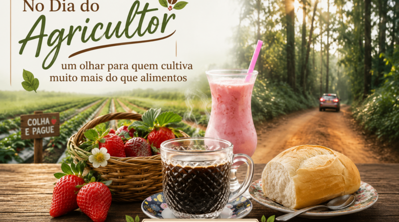 Ilustração da Revista Pauta Solta sobre o Dia do Agricultor. Em primeiro plano, uma mesa rústica com uma xícara de café, pão francês, morangos frescos e uma bebida de morango. Ao fundo, uma estrada rural cercada por árvores nas Montanhas Capixabas e uma plantação de morangos, representando a agricultura familiar, a colheita do café, o turismo de experiência e a importância do agricultor para a economia regional. No canto superior esquerdo está o título do artigo e, na parte inferior, o endereço www.pautasolta.com.