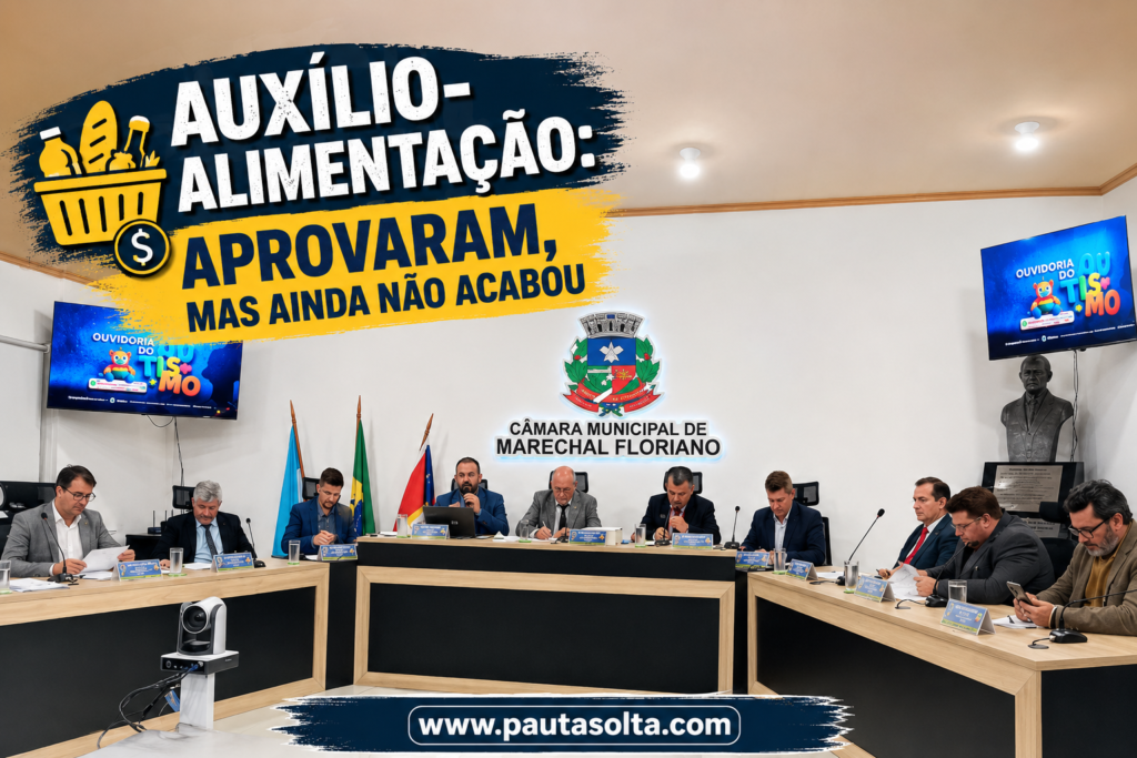 Sessão da Câmara Municipal de Marechal Floriano que aprovou suplementação para o auxílio-alimentação dos servidores, com destaque para o título “Aprovaram, mas ainda não acabou”.