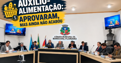 Sessão da Câmara Municipal de Marechal Floriano que aprovou suplementação para o auxílio-alimentação dos servidores, com destaque para o título “Aprovaram, mas ainda não acabou”.