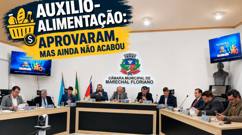 Sessão da Câmara Municipal de Marechal Floriano que aprovou suplementação para o auxílio-alimentação dos servidores, com destaque para o título “Aprovaram, mas ainda não acabou”.