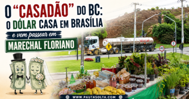 Imagem ilustrativa do artigo sobre o “casadão” do Banco Central, com caminhão-tanque na BR-262, banca de produtos locais e referência visual ao dólar chegando ao cotidiano de Marechal Floriano.