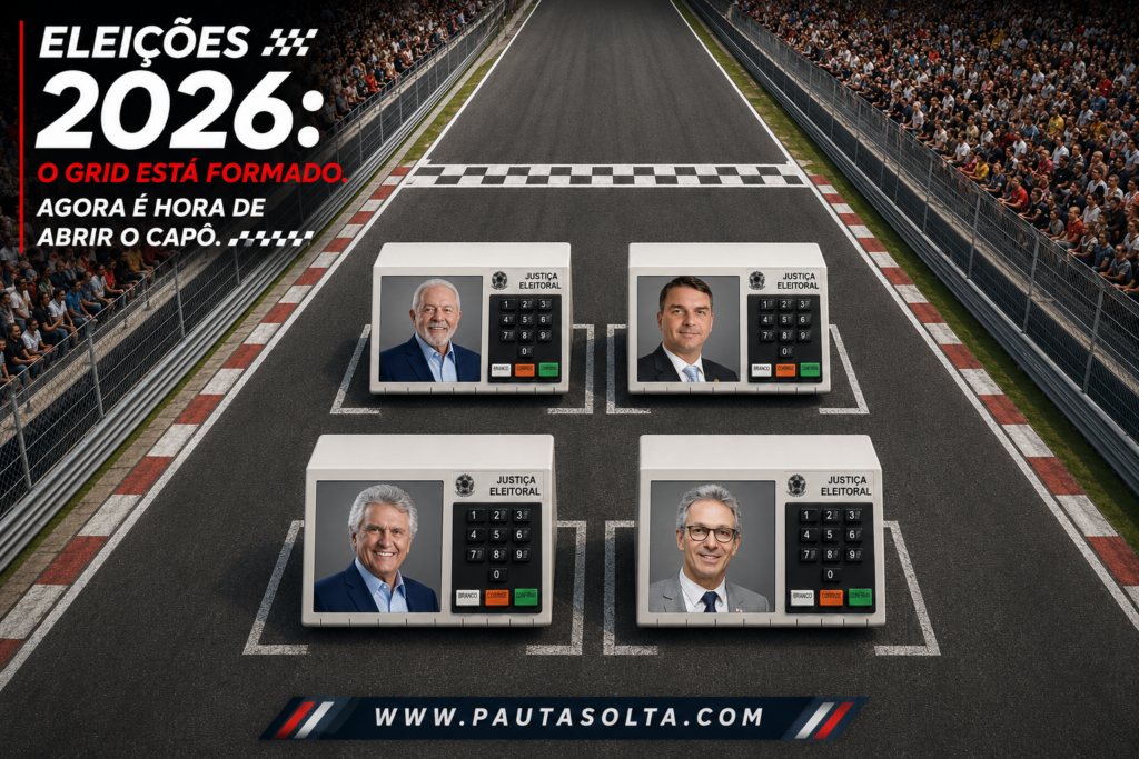Ilustração em perspectiva aérea de um grid de largada de automobilismo transformado em metáfora para as eleições presidenciais de 2026. Quatro urnas eletrônicas representam os principais candidatos, posicionadas como carros na largada, com o título "Eleições 2026: O grid está formado. Agora é hora de abrir o capô." e a marca da Revista Pauta Solta.