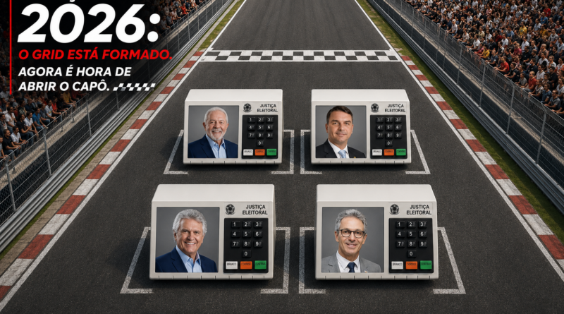 Ilustração em perspectiva aérea de um grid de largada de automobilismo transformado em metáfora para as eleições presidenciais de 2026. Quatro urnas eletrônicas representam os principais candidatos, posicionadas como carros na largada, com o título "Eleições 2026: O grid está formado. Agora é hora de abrir o capô." e a marca da Revista Pauta Solta.
