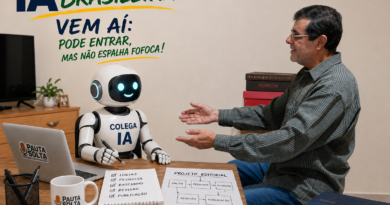 Adelar Dias Junior conversa com um robô identificado como “Colega IA” durante um projeto editorial da Revista Pauta Solta, em ambiente de trabalho simples e profissional, com computador, anotações e materiais sobre jornalismo e ética.