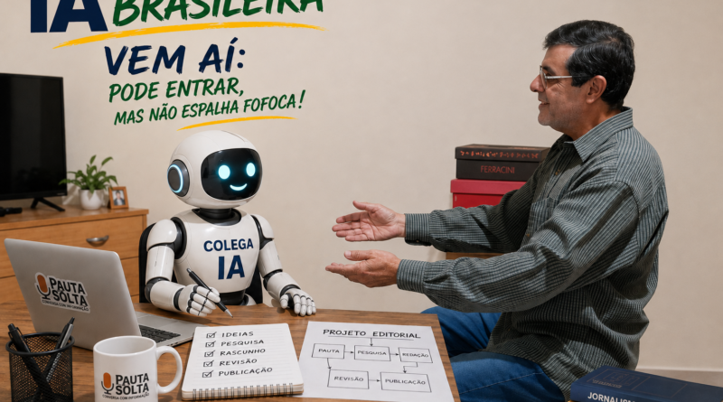 Adelar Dias Junior conversa com um robô identificado como “Colega IA” durante um projeto editorial da Revista Pauta Solta, em ambiente de trabalho simples e profissional, com computador, anotações e materiais sobre jornalismo e ética.