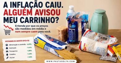 Produtos de supermercado sobre uma mesa ilustram artigo sobre inflação e deflação, com destaque para a pergunta: “A inflação caiu. Alguém avisou meu carrinho?”