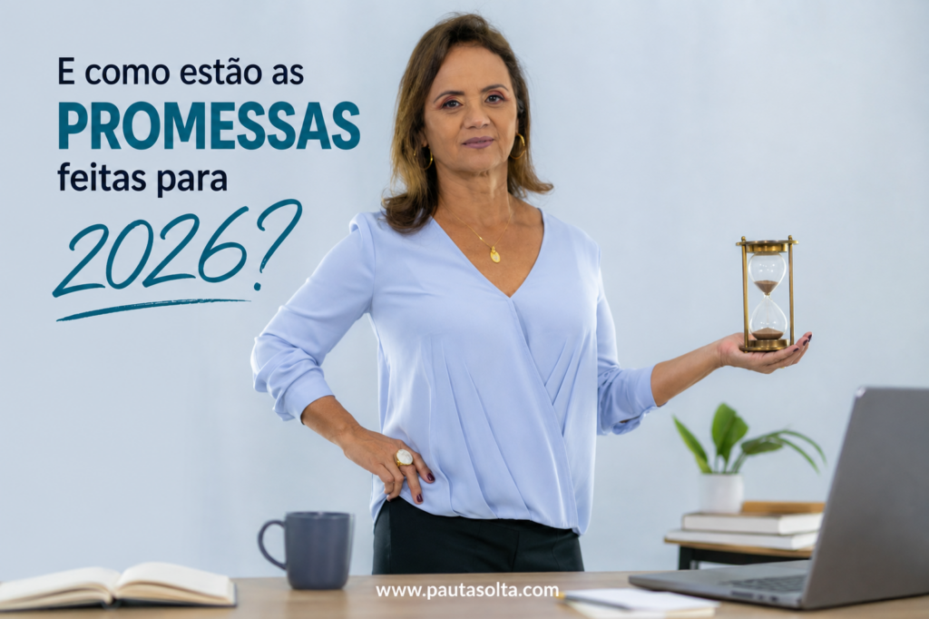 Jovaneide Polon aparece em pé, em ambiente claro e minimalista, segurando uma ampulheta na mão estendida, enquanto elementos discretos de um escritório compõem a cena. A imagem traz o título "E como estão as promessas feitas para 2026?" no canto superior esquerdo, reforçando a reflexão sobre metas, tempo e desenvolvimento pessoal.