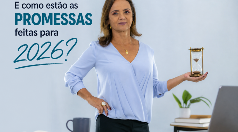 Jovaneide Polon aparece em pé, em ambiente claro e minimalista, segurando uma ampulheta na mão estendida, enquanto elementos discretos de um escritório compõem a cena. A imagem traz o título "E como estão as promessas feitas para 2026?" no canto superior esquerdo, reforçando a reflexão sobre metas, tempo e desenvolvimento pessoal.