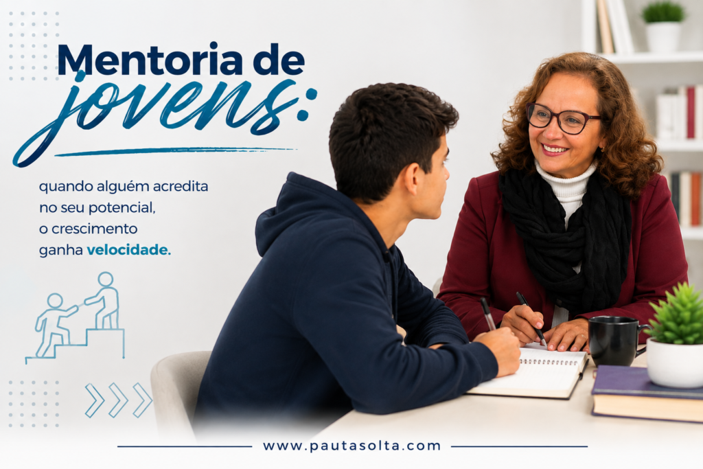 Jovaneide Polon em contexto de mentoria de jovens, orientando um jovem sobre desenvolvimento, escolhas profissionais e preparação para o mercado de trabalho.