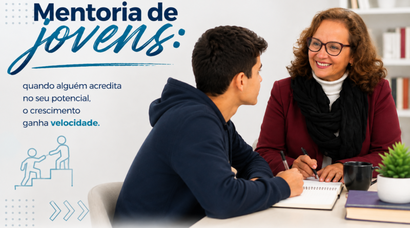 Jovaneide Polon em contexto de mentoria de jovens, orientando um jovem sobre desenvolvimento, escolhas profissionais e preparação para o mercado de trabalho.