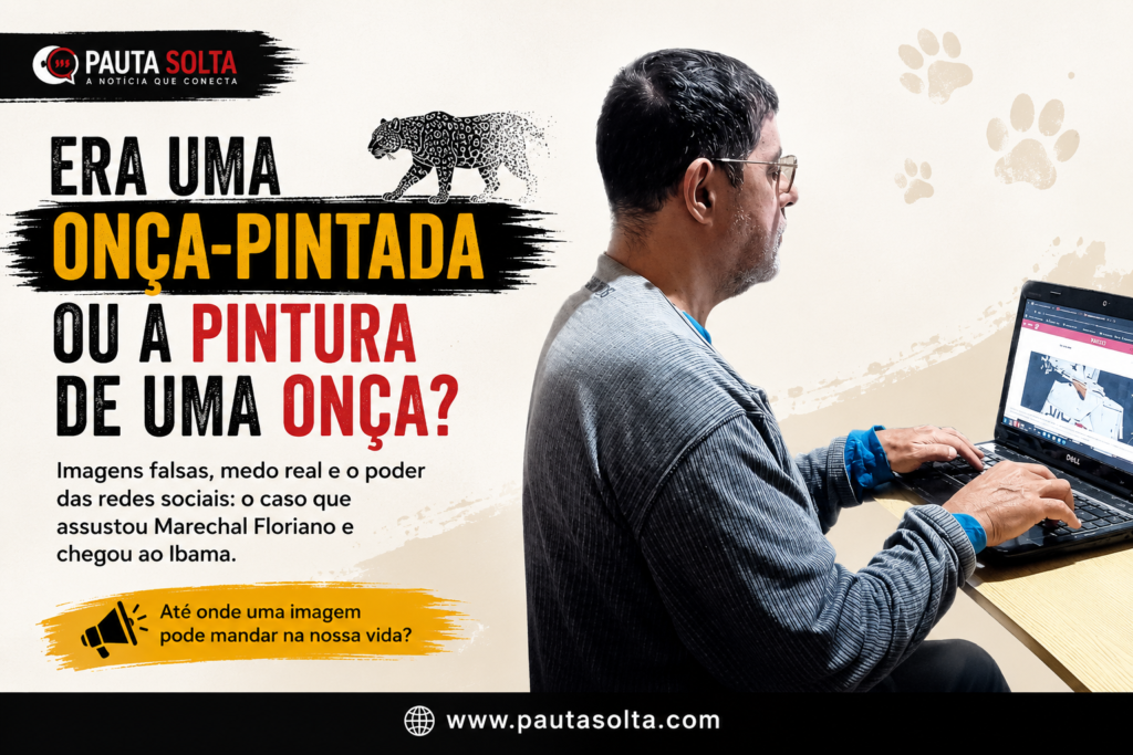 Homem diante do notebook em imagem sobre a falsa onça-pintada em Marechal Floriano, que teve registros analisados pelo Ibama por suspeita de manipulação digital e uso de inteligência artificial.