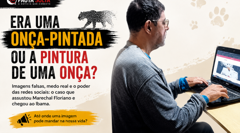 Homem diante do notebook em imagem sobre a falsa onça-pintada em Marechal Floriano, que teve registros analisados pelo Ibama por suspeita de manipulação digital e uso de inteligência artificial.