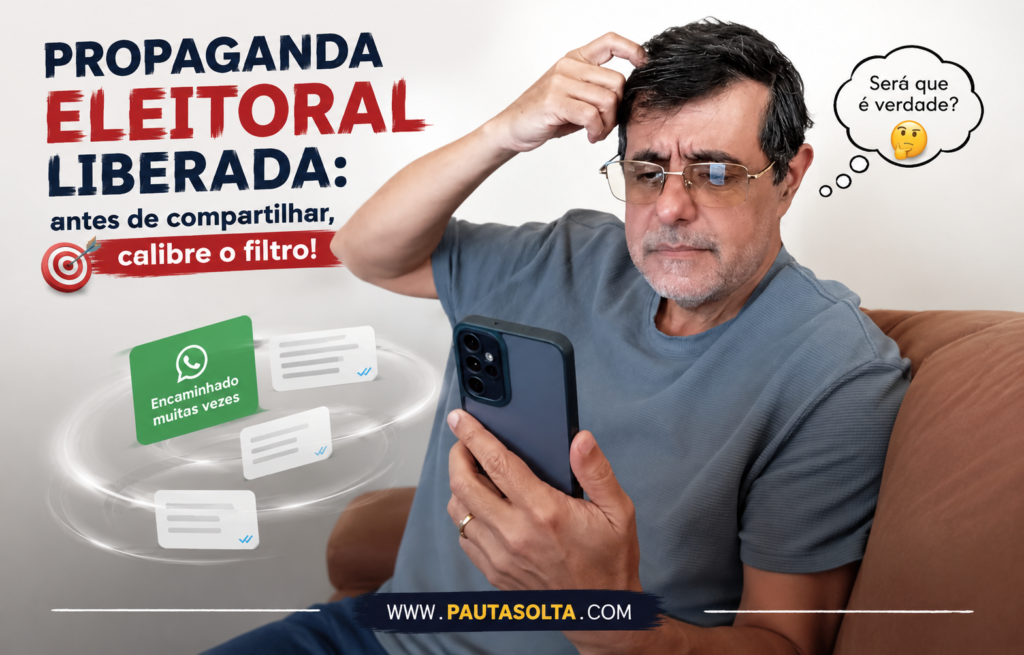 Adelar Dias Junior observa o celular com expressão de dúvida em imagem sobre propaganda eleitoral 2026, inteligência artificial, desinformação e compartilhamento de conteúdos.