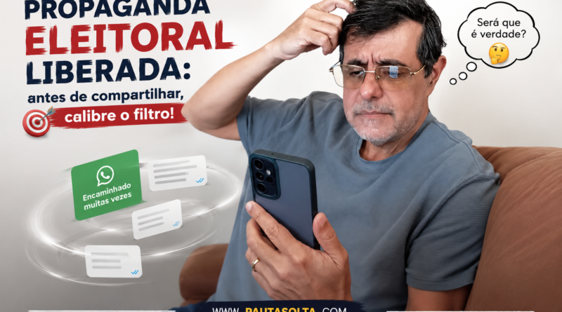 Adelar Dias Junior observa o celular com expressão de dúvida em imagem sobre propaganda eleitoral 2026, inteligência artificial, desinformação e compartilhamento de conteúdos.