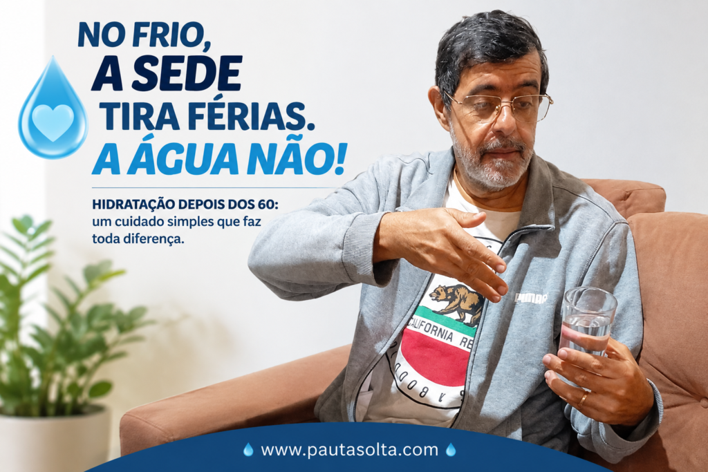 Adelar Dias Junior segura um copo de água em imagem sobre hidratação no inverno e cuidados com a saúde depois dos 60 anos.