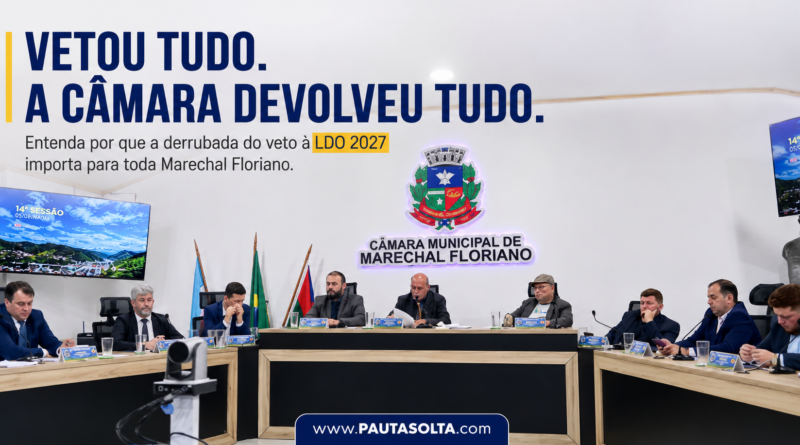 Sessão da Câmara Municipal de Marechal Floriano durante a votação que derrubou o veto total do prefeito à Lei de Diretrizes Orçamentárias (LDO) de 2027. A imagem ilustra o artigo sobre a importância da LDO para o planejamento e o orçamento do município.