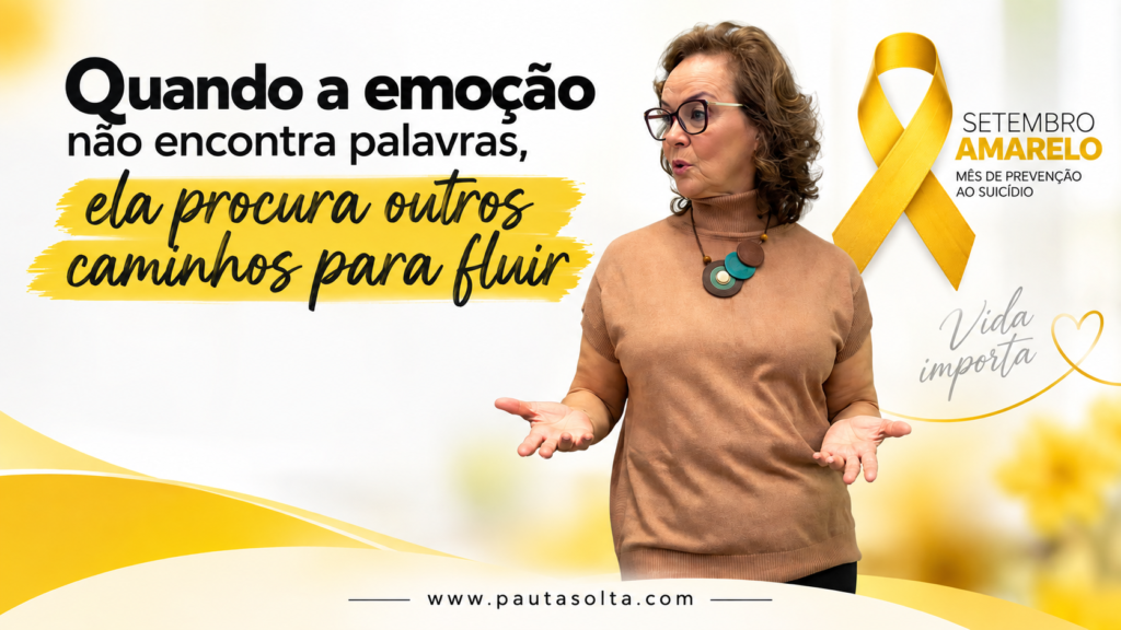 Psicóloga Jovaneide Polon ao lado do laço amarelo da campanha Setembro Amarelo, em imagem sobre saúde emocional e a importância de reconhecer e expressar as emoções.