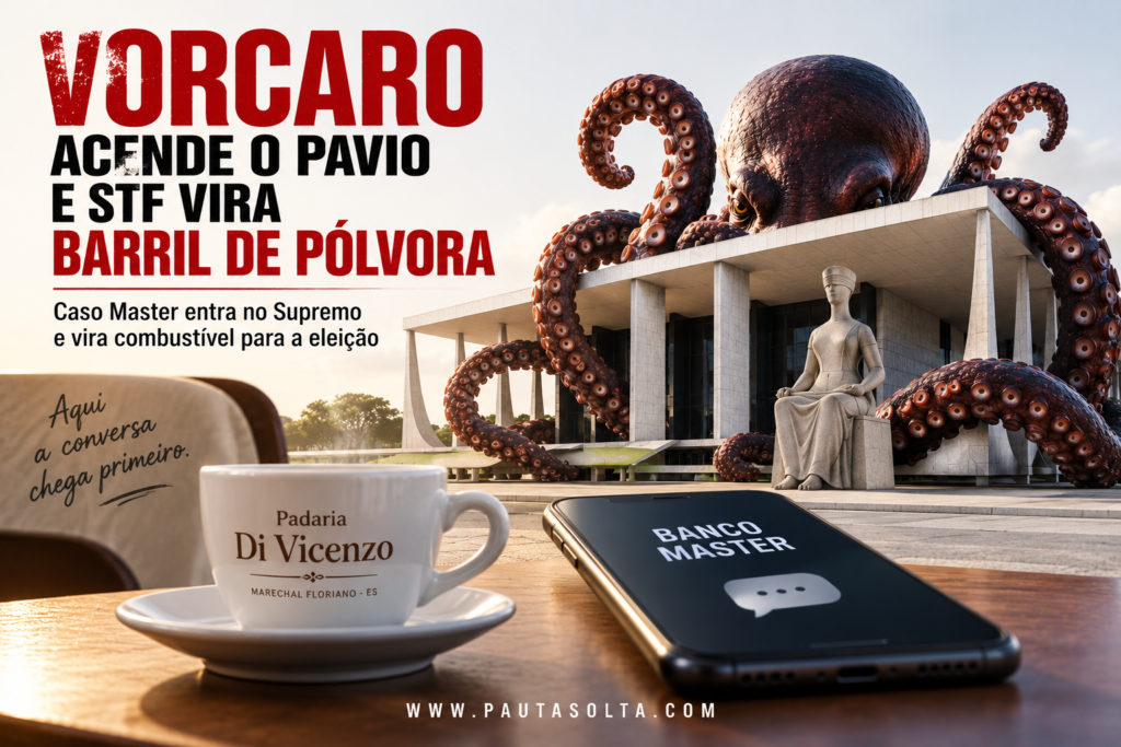 Ilustração editorial sobre a crise no STF envolvendo o caso Banco Master, com um polvo envolvendo o prédio do Supremo, celular com referência ao banco e uma xícara de café da Padaria Di Vicenzo, em Marechal Floriano.