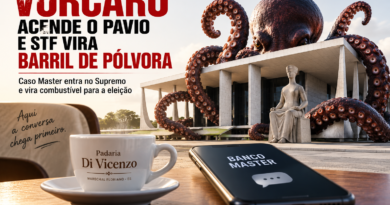 Ilustração editorial sobre a crise no STF envolvendo o caso Banco Master, com um polvo envolvendo o prédio do Supremo, celular com referência ao banco e uma xícara de café da Padaria Di Vicenzo, em Marechal Floriano.