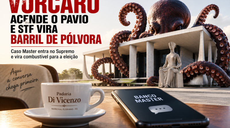 Ilustração editorial sobre a crise no STF envolvendo o caso Banco Master, com um polvo envolvendo o prédio do Supremo, celular com referência ao banco e uma xícara de café da Padaria Di Vicenzo, em Marechal Floriano.