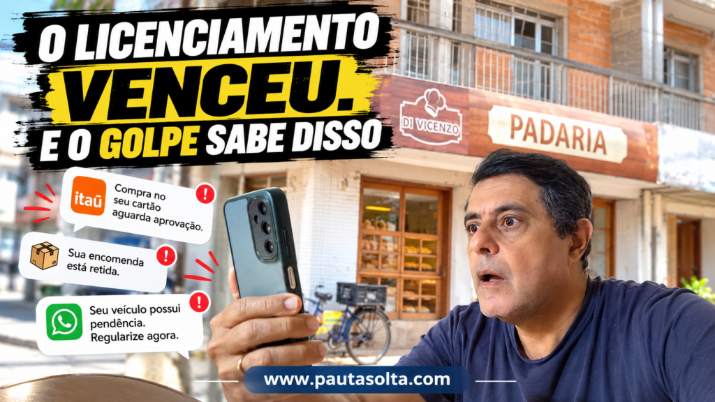 Imagem ilustrativa sobre golpes envolvendo licenciamento de veículos mostra homem surpreso diante do celular, em composição com a Padaria Di Vicenzo, no centro de Marechal Floriano, e mensagens falsas de cobrança.