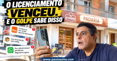 Imagem ilustrativa sobre golpes envolvendo licenciamento de veículos mostra homem surpreso diante do celular, em composição com a Padaria Di Vicenzo, no centro de Marechal Floriano, e mensagens falsas de cobrança.