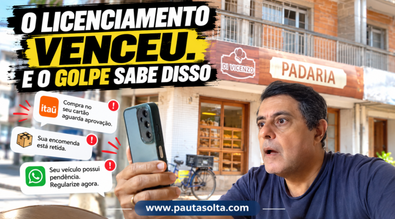 Imagem ilustrativa sobre golpes envolvendo licenciamento de veículos mostra homem surpreso diante do celular, em composição com a Padaria Di Vicenzo, no centro de Marechal Floriano, e mensagens falsas de cobrança.