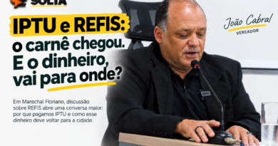 Vereador João Cabral durante sessão da Câmara Municipal de Marechal Floriano, em imagem de destaque de artigo da Revista Pauta Solta sobre IPTU e REFIS no município.