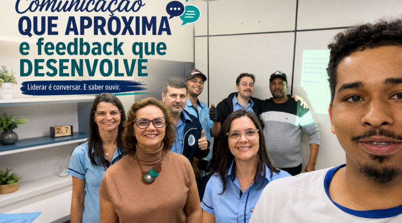 Psicóloga Jovaneide Polon ao lado de profissionais durante encontro com líderes operacionais de uma empresa do comércio varejista, realizado para trabalhar comunicação, liderança e feedback no ambiente de trabalho.