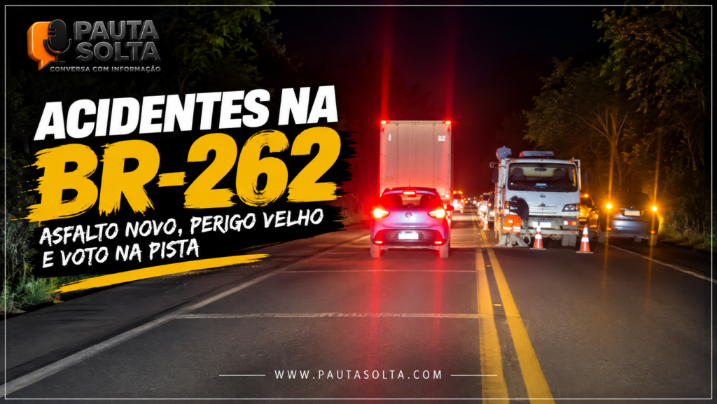 Acidentes na BR-262: trecho da rodovia à noite, em Domingos Martins, com veículos parados, caminhão e sinalização, ilustrando os riscos no trânsito durante obras na pista.