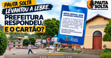 Imagem principal do artigo mostra o centro de Marechal Floriano e a nota oficial da Prefeitura sobre o cartão O² Plus, com o título “Pauta Solta levantou a lebre. Prefeitura respondeu. E o cartão?”.