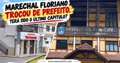 Montagem com fotos da Panificadora Pão Dourado e da Prefeitura de Marechal Floriano, destacando a mudança no comando do município após a cassação de Lidiney Gobbi e a posse de Júnior Lovatti.